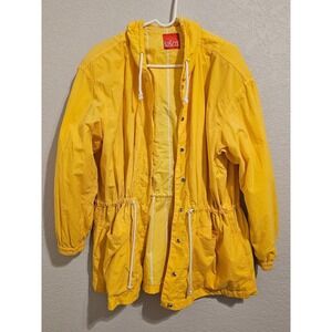 Vintage Artsy Indie Yellow Hooded Windbreaker Jacket Snap Drawstring Waist M/L